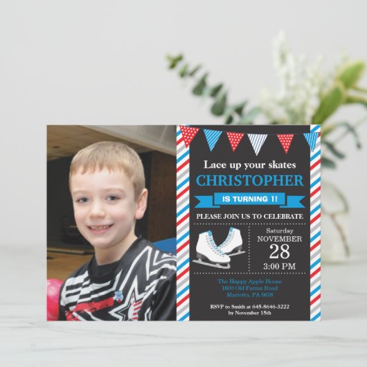 氷スケートで滑る誕生日招待状1日目の誕生日パーティー 招待状 (スタンド正面)