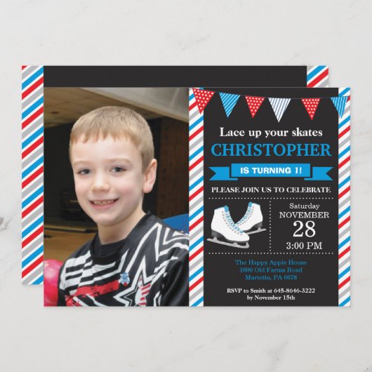 氷スケートで滑る誕生日招待状1日目の誕生日パーティー 招待状 (正面/裏面)