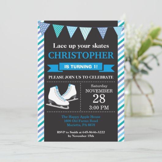 氷スケートで滑る誕生日招待状1日目の誕生日パーティー 招待状 (スタンド正面)