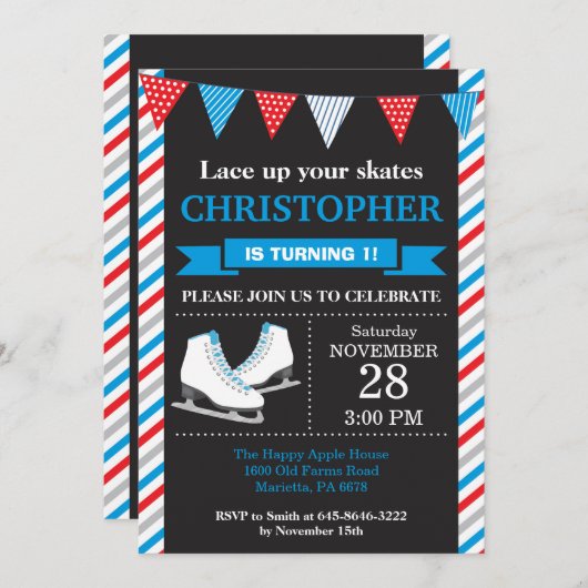 氷スケートで滑る誕生日招待状1日目の誕生日パーティー 招待状 (正面/裏面)
