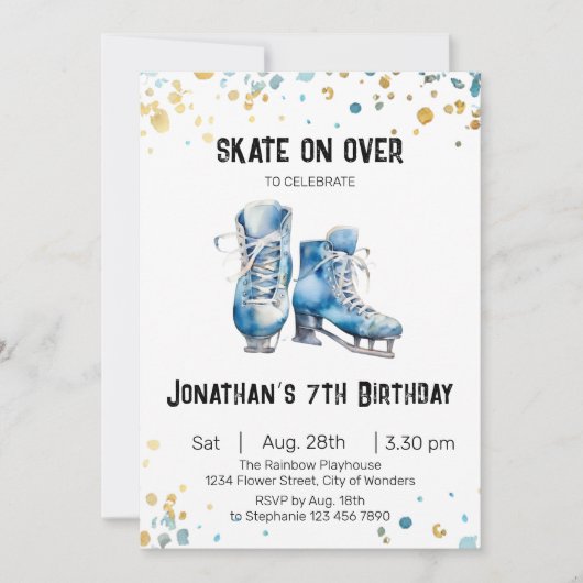 氷スケートで滑る誕生日招待状、氷スケートで滑るパーティー 招待状 (正面)