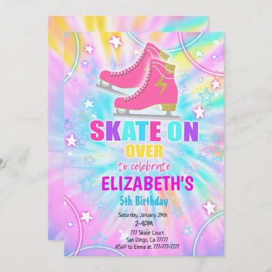 氷スケートで滑る誕生日 招待状 (正面/裏面)