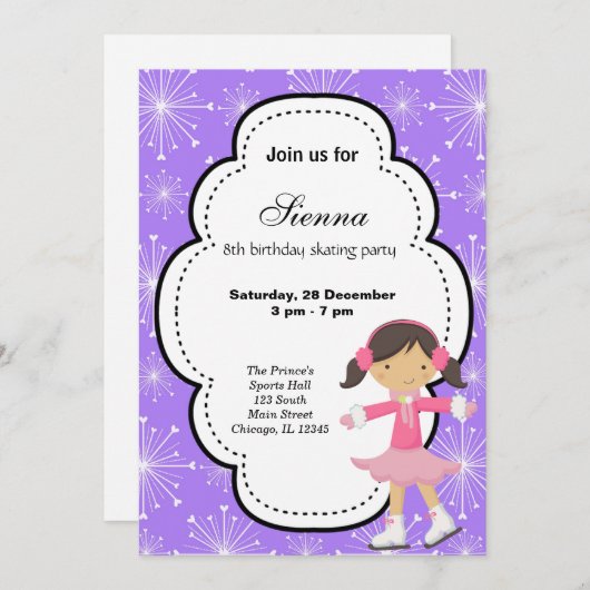 氷スケートで滑る誕生日（紫） 招待状 (正面/裏面)