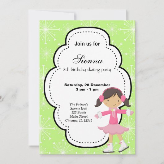 氷スケートで滑る誕生日（緑） 招待状 (正面)