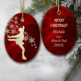 氷スケートで滑る金ゴールドスノーフレークスオンレッド セラミックオーナメント