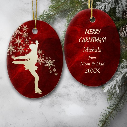 氷スケートで滑る金ゴールドスノーフレークスオンレッド セラミックオーナメント