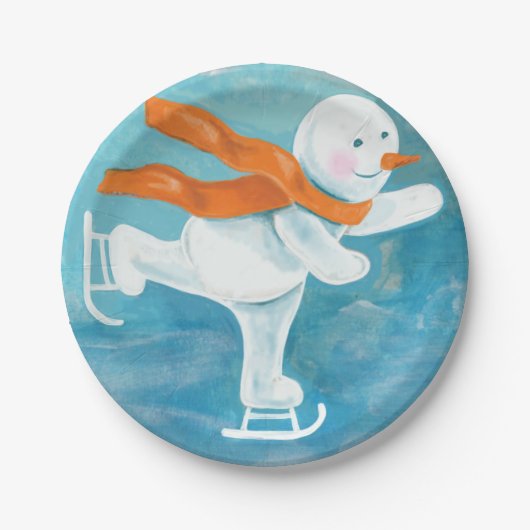 氷スケートで滑る雪だるま ペーパープレート (正面)