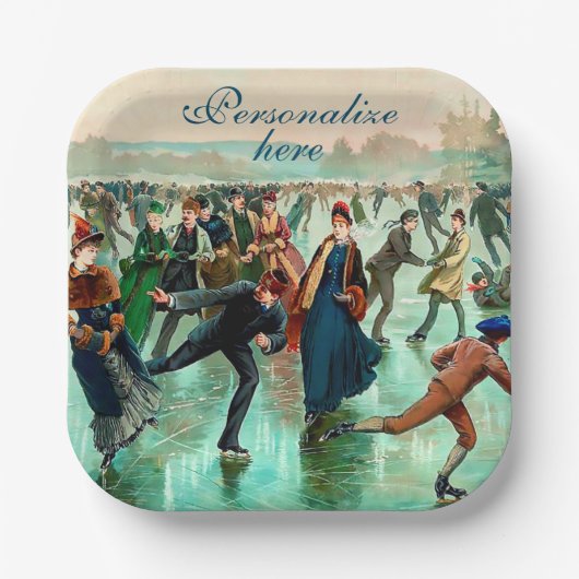 氷ビクトリアンスケートで滑るヴィンテージ冬場 ペーパープレート (正面)