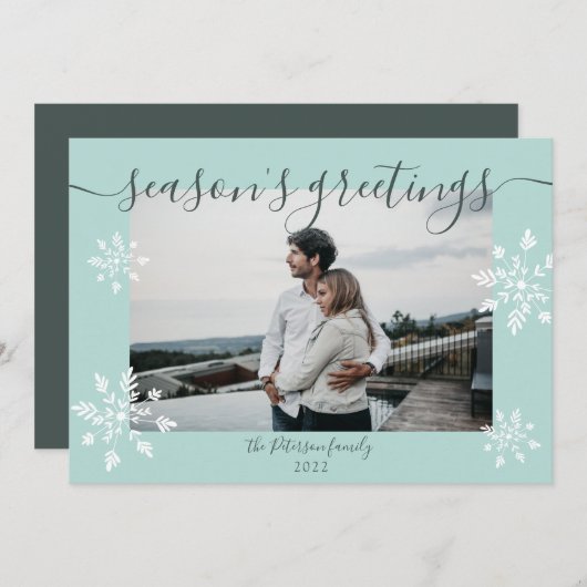 氷モダン青クリスマスのスクリプト雪の結晶の写真 シーズンカード (正面/裏面)