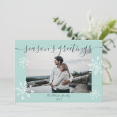 氷モダン青クリスマスのスクリプト雪の結晶の写真 シーズンカード (スタンド正面)