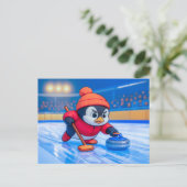 氷上のカーリングをするペンギン ポストカード (スタンド正面)