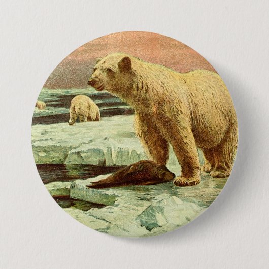 氷河の上にホッキョクグマヴィンテージ1900年代のアートスケッチ 缶バッジ (正面)