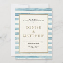 氷河湖 水彩 ストライプ & ゴールドレタリング 招待状