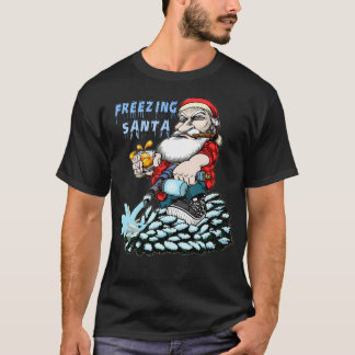 氷結するサンタクロースのクリスマスおもしろい Tシャツ