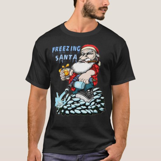 氷結するサンタクロースのクリスマスおもしろい Tシャツ (正面)