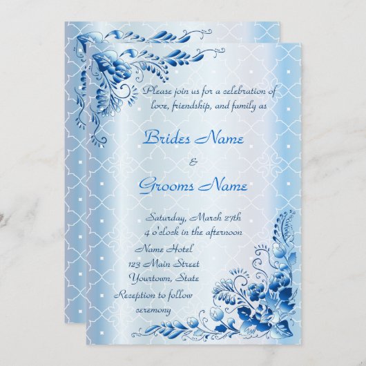 氷青いレースの濃紺の結婚式招待状 招待状 (正面/裏面)