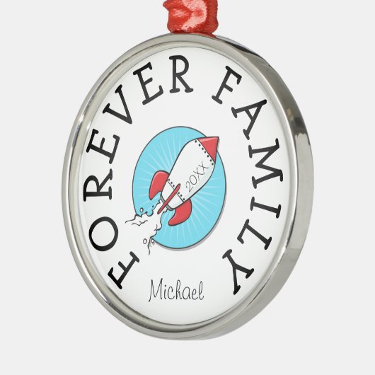 永久に家族はレトロのRocketshipの採用のギフトをからかいます メタルオーナメント (左)