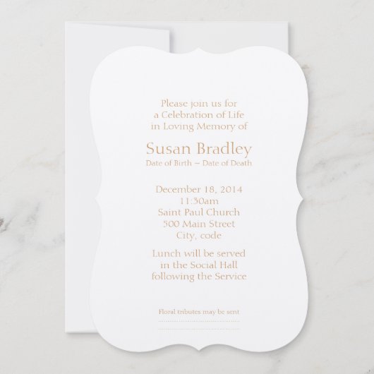 永久に私達のハート1つの葬儀の発表はに上がりました 招待状 (裏面)