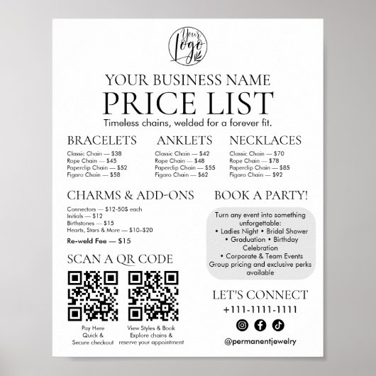 永久ジュエリー表示価格表QRコードメニュー ポスター (正面)