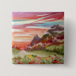 "永劫の島: 日没山の"正方形ボタンPin 缶バッジ
