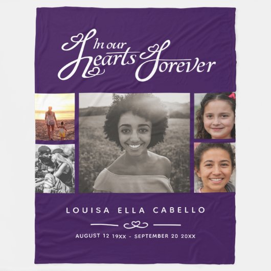 永遠にハートで記念写真パープルホワイト文字 フリースブランケット (正面)