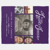 永遠にハートで記念写真パープルホワイト文字 フリースブランケット (正面(横))