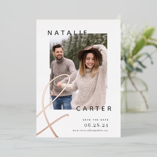 永遠に参加 |写真モダン日付の保存 箔招待状 (立ち正面)