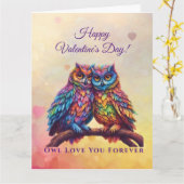 永遠に愛してるフクロウ - カラフルなフクロウ - バレンタインデー カード (黄色い花)
