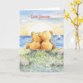 永遠に愛し、かわいい熊のカップルが夕日を見ている。 カード (黄色い花)