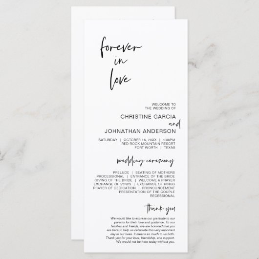 永遠に愛し、ミニマモダンリスト結婚式 プログラム (正面/裏面)