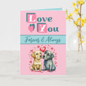 永遠に愛する犬ピンク緑バレンタイン カード (黄色い花)