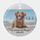 永遠に我々のハートで犬の写真ペットメモリアル ガラスオーナメント (正面)