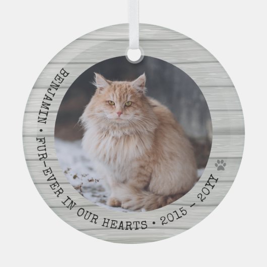 永遠に我々のハートで猫の写真ペット記念碑 ガラスオーナメント (正面)