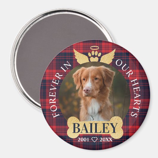 永遠に我々のハートで赤い格子模様のペット記念写真 マグネット (正面/裏面)