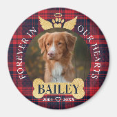 永遠に我々のハートで赤い格子模様のペット記念写真 マグネット (正面)