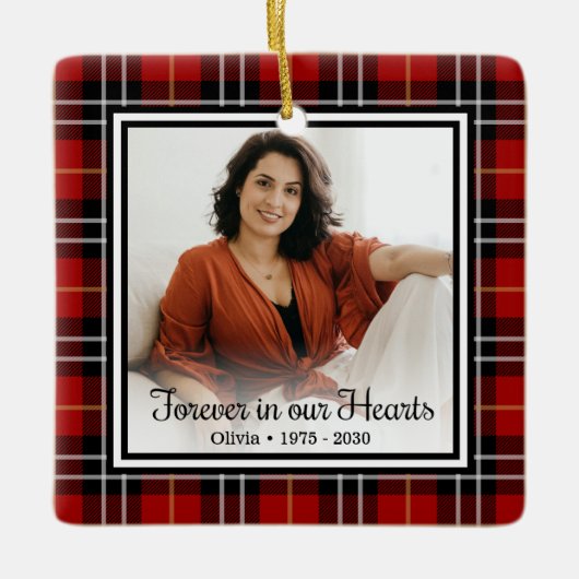 永遠に我々のハート赤い格子碑のセラミックO セラミックオーナメント (正面)