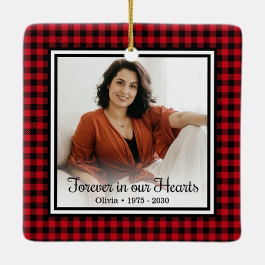 永遠に我々のハート赤バッファロープレイド セラミックオーナメント (裏面)