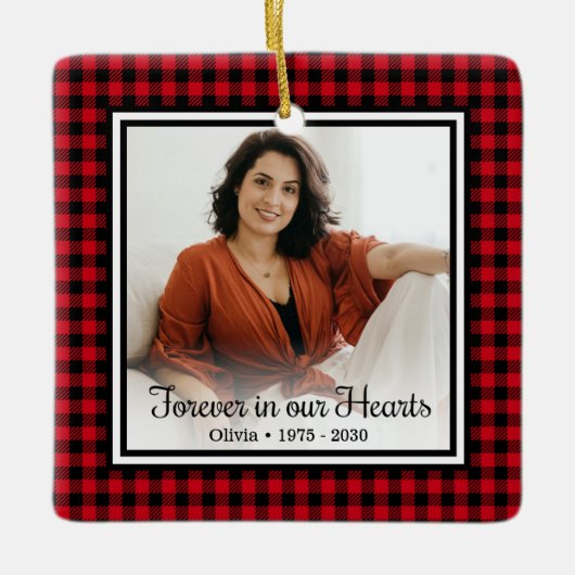 永遠に我々のハート赤バッファロープレイド セラミックオーナメント (正面)
