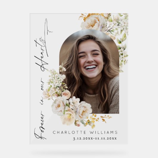 永遠に私たちのハートでフローラ写真葬儀へようこそ アクリルサイン (正面)