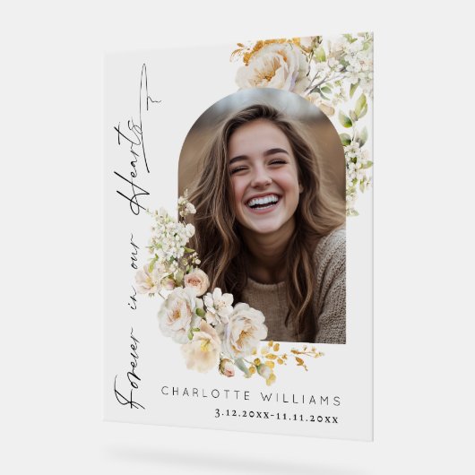 永遠に私たちのハートでフローラ写真葬儀へようこそ アクリルサイン (傾斜)