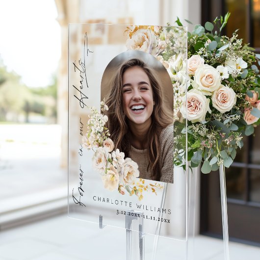 永遠に私たちのハートでフローラ写真葬儀へようこそ アクリルサイン