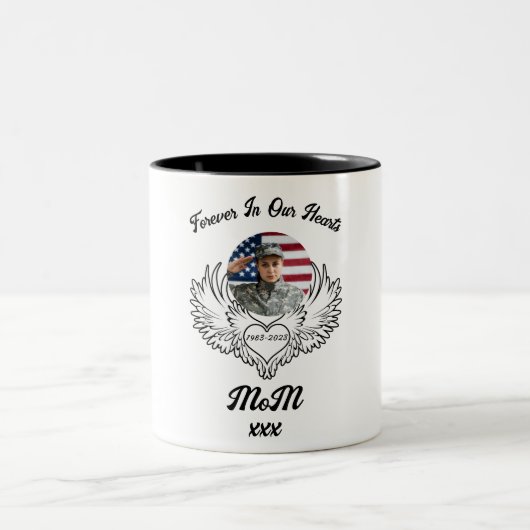 永遠に私たちのハートで葬儀の写真記念マグカップ ツートーンマグカップ (中央)