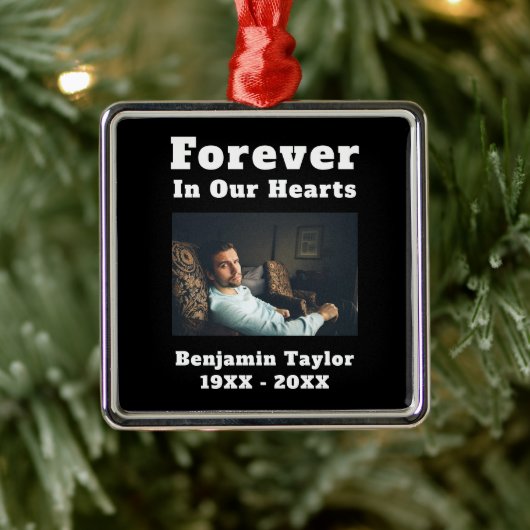 永遠に私たちのハートの文字で愛するメモリーフォト メタルオーナメント (ツリー)