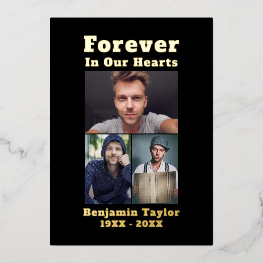 永遠に私たちのハートカスタム3フォトブラック金ゴールド 箔招待状 (正面)