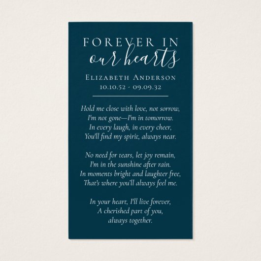 永遠に私たちのハートセーリングボート葬儀祈りの言葉カード (裏面)