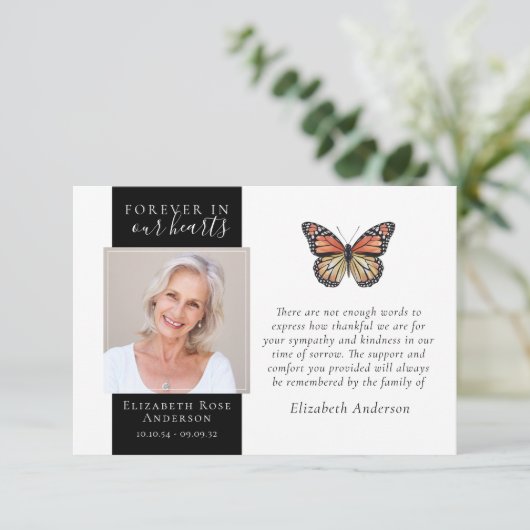 永遠に私たちのハートバタフライフォト悔やみや弔慰 サンキューカード (スタンド正面)