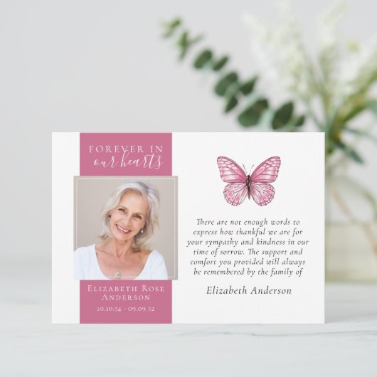 永遠に私たちのハートバタフライフォト悔やみや弔慰 サンキューカード (スタンド正面)