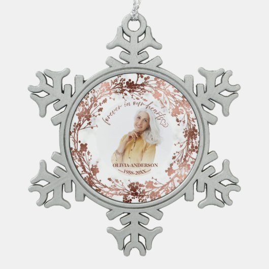 永遠に私たちのハートバラフォイル写真記念 スノーフレークピューターオーナメント (正面)