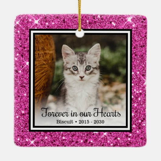 永遠に私たちのハートピンクグリッター猫記念 セラミックオーナメント (裏面)
