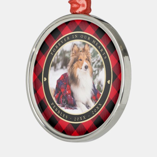 永遠に私たちのハートペット記念赤素朴いプレイド メタルオーナメント (左)